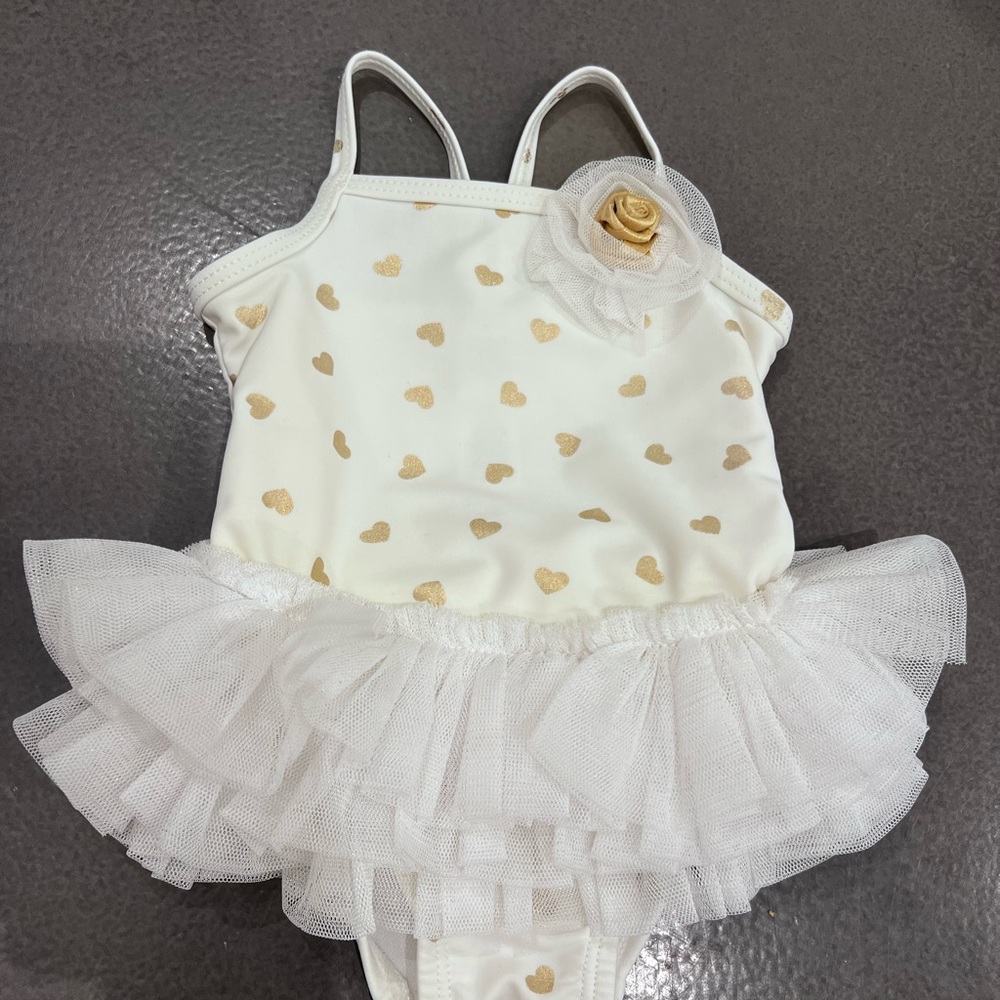 Little Me one piece swimsuit white with gold hearts and tulle ruffle 6-9 months